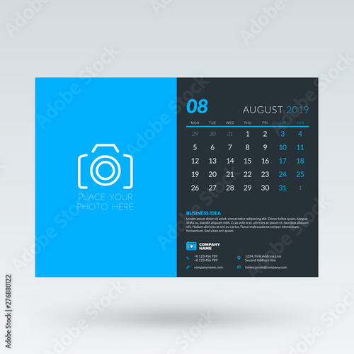 Calendar planner for August 2019. Stationery design template. Vector illustration