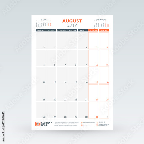 Calendar planner for August 2019. Stationery design template. Vector illustration