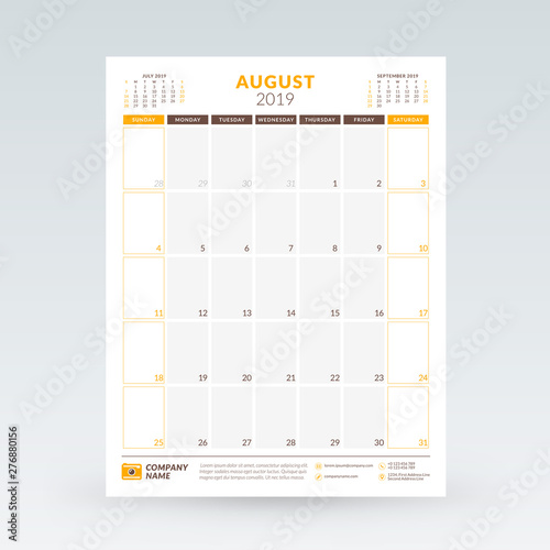 Calendar planner for August 2019. Stationery design template. Vector illustration