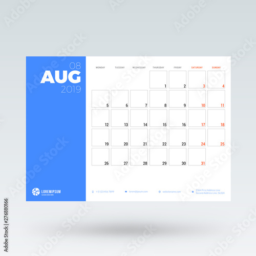 Calendar planner for August 2019. Stationery design template. Vector illustration