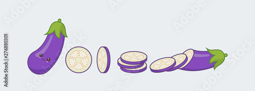 Set eggplant. Cute kawaii smiling food. Vector