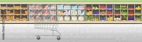 Supermarket stands with food products Vector flat style. Cashier front desk in the market. Shopping grocery and meat front views