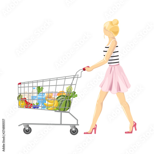 Woman with a shopping cart Vector flat style. Product icon sale concepts