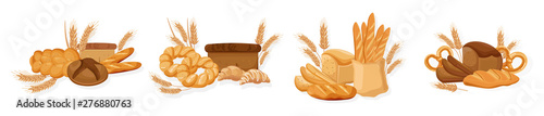 Bakery set Vector. Bread, pretzel, croissant. Front view detailed illustrations