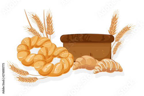 Bakery Vector. Bread, bread roll, croissant. Front view detailed illustrations