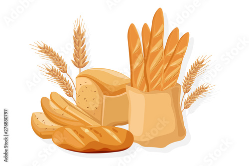 Bakery set Vector. Bread, baghet, rye. Front view detailed illustrations
