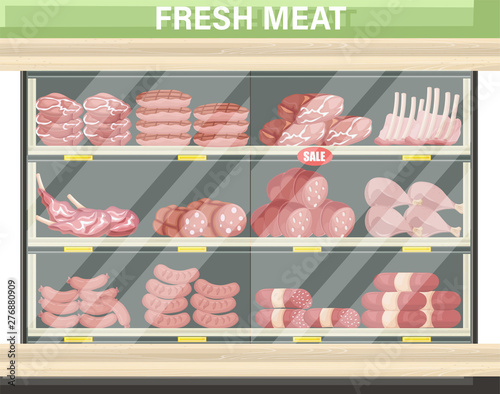 Meat set stands shopping Vector. Pastrami, salami and saussage flat styles