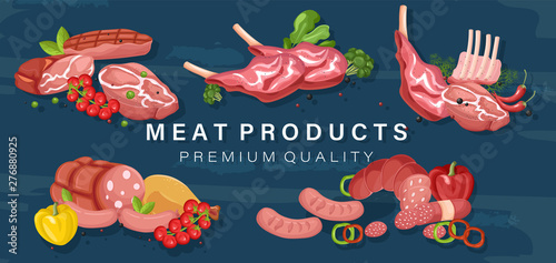 Meat set Vector. Pastrami, salami and saussage flat styles