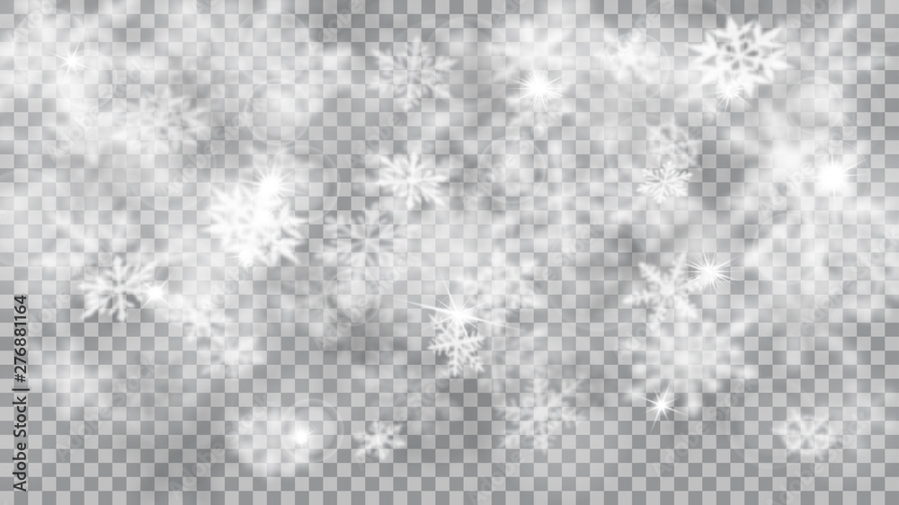 Christmas blurred illustration of complex defocused big and small falling snowflakes in white and gray colors with bokeh effect on transparent background - obrazy, fototapety, plakaty 