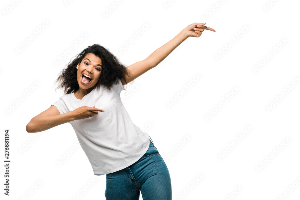 positive african american woman pointing with fingers isolated on white positive african american woman pointing with fingers isolated on white