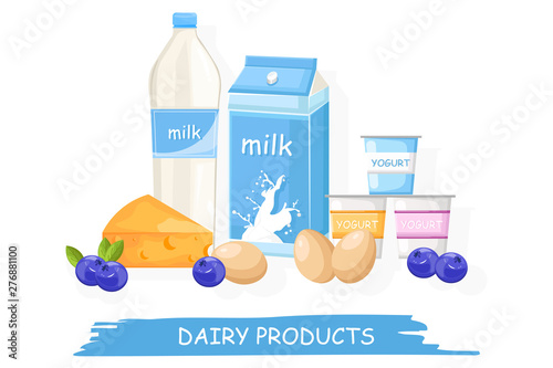 Farm fresh dairy Vector shopping stands. Milk, yogurt, cheese and eggs illust...