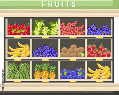 Farm fresh fruits Vector shopping stands. Watermelon, banana, pineapple and b...