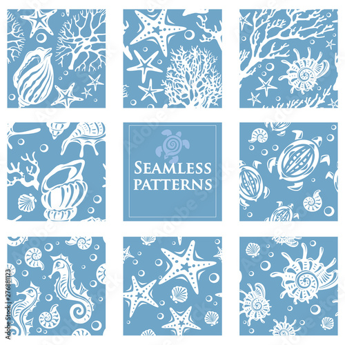 Set of Seamless patterns with underwater sea life
