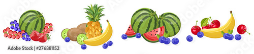 Fresh fruits Vector banner. Watermelon, banana, pineapple and berries