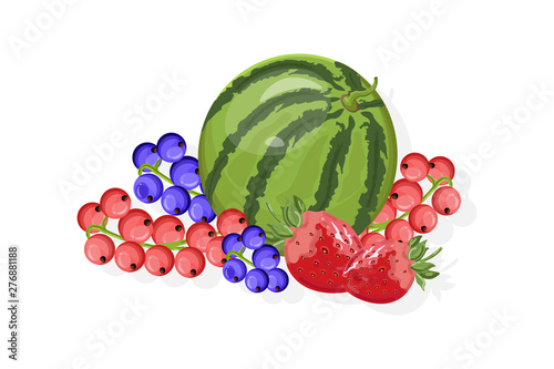 Fresh fruits Vector banner. Watermelon, banana, pineapple and berries