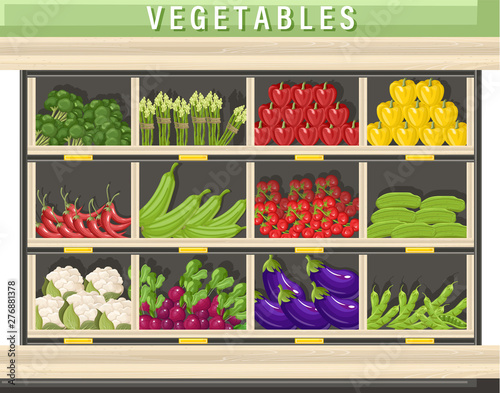 Farm fresh vegetables Vector shopping stands. Store shop stands grocery detailed illustrations