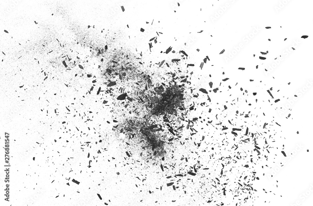 Obraz premium Black charcoal dust, gunpowder isolated on white background and texture, top view