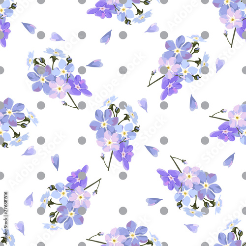 Vintage seamless pattern with field small blue flowers on white background.