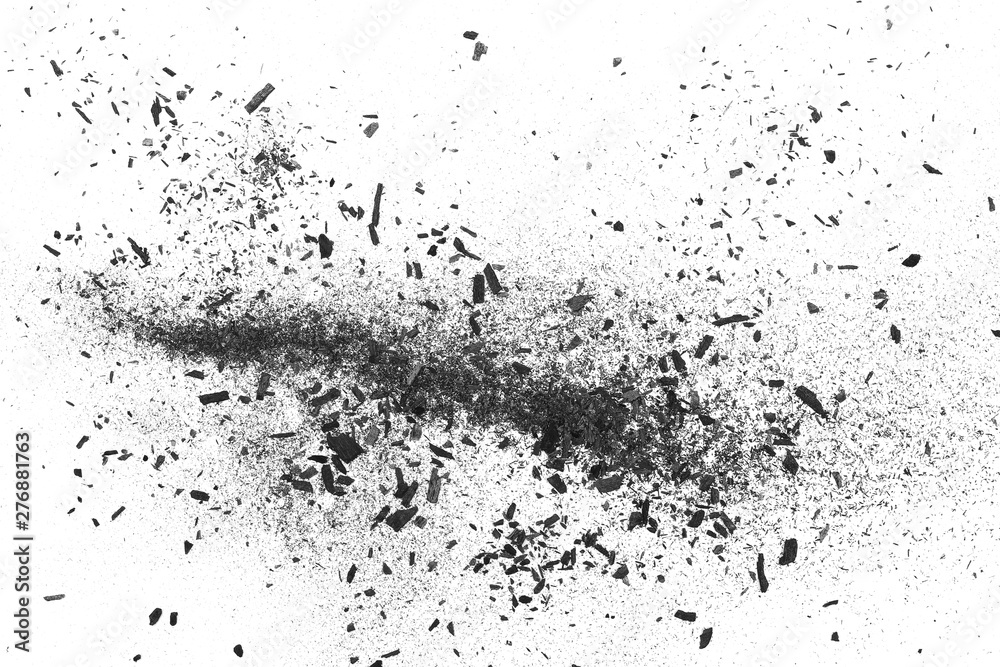 Fototapeta premium Black charcoal dust, gunpowder isolated on white background and texture, top view