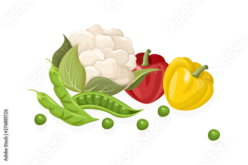 Cauliflower, chilli, greens set. Store shop label isolated poster advertises