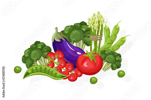 Eggplant, tomatoes, greens set. Store shop label isolated poster advertises