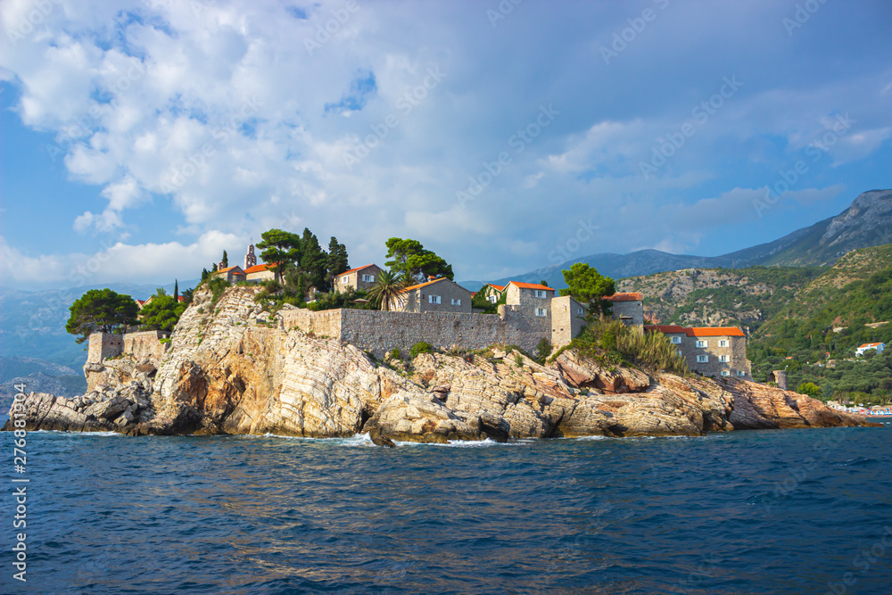 Sveti Stefan island in Montenegro. Sea view on a Sunny day.