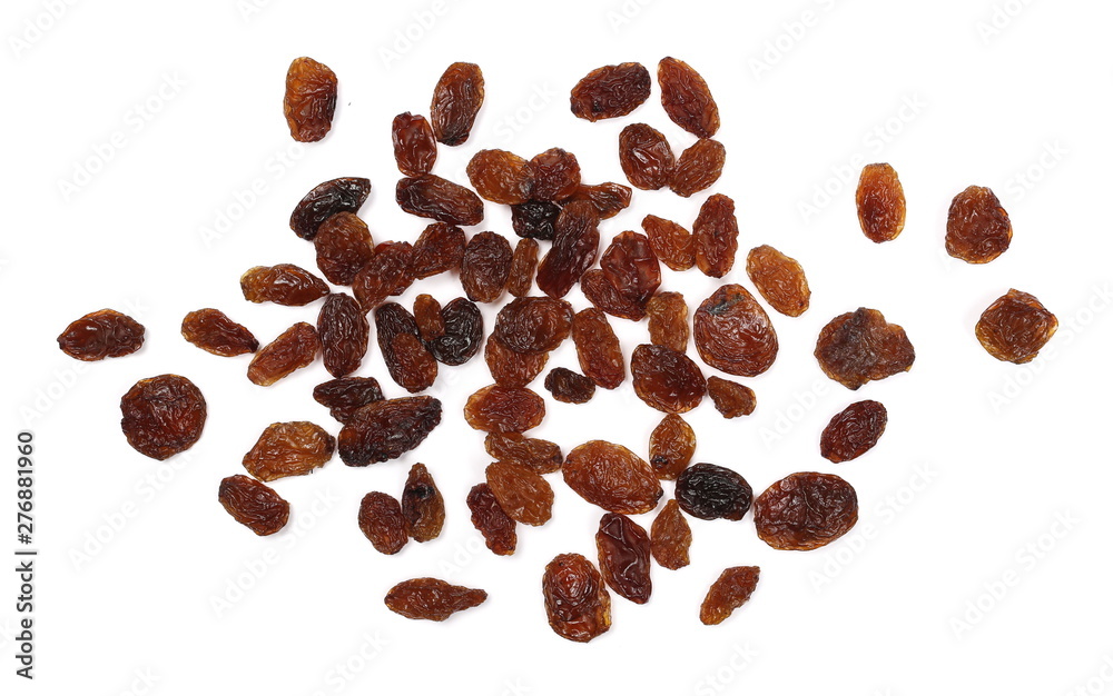 Obraz premium Pile of raisins isolated on white background, top view