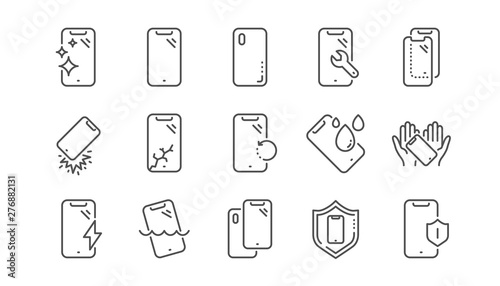 Smartphone protection line icons. Tempered glass, screen protector and water resistant. Phone cover, display glass protection and shockproof device icons. Linear set. Vector