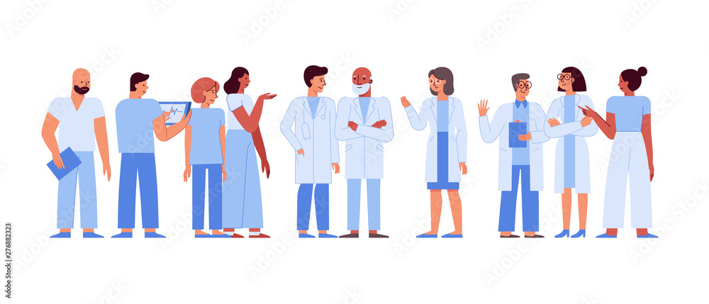 Vector illustration in flat linear style with characters - medical team ...