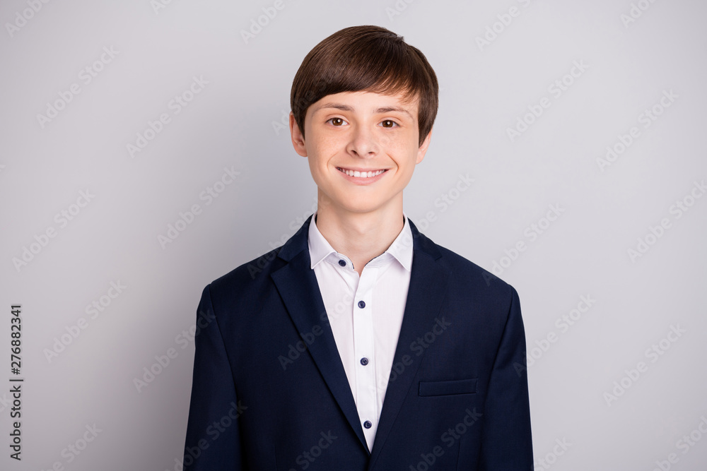 Portrait of lovely charming preteen boy feel content ready work get knowledge dressed fashionable blazer outfit formal shirt isolate grey argent background Portrait of lovely charming preteen boy feel content ready work get knowledge dressed fashionable blazer outfit formal shirt isolate grey argent background