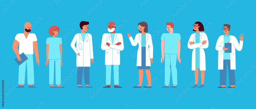 Vector illustration in flat linear style with characters - medical team ...