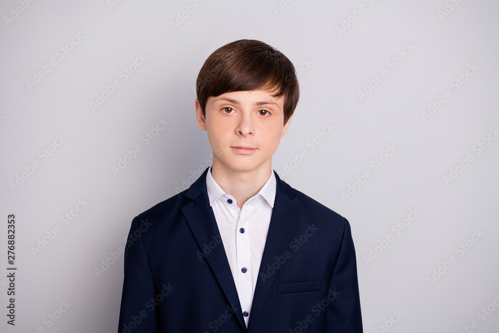 Portrait of charming imposing kid private school boy feel glad ready work worker want be cool professional look hear wear blazer modern white shirt isolated grey silver background Portrait of charming imposing kid private school boy feel glad ready work worker want be cool professional look hear wear blazer modern white shirt isolated grey silver background