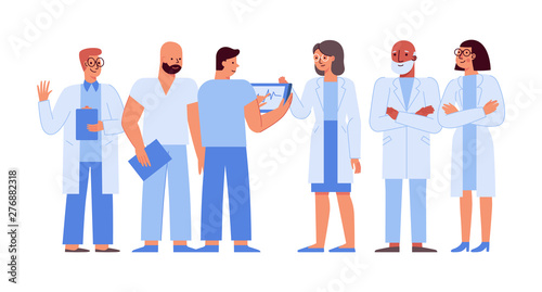 Vector illustration in flat linear style with characters  - medical team - group of doctors and nurses standing together