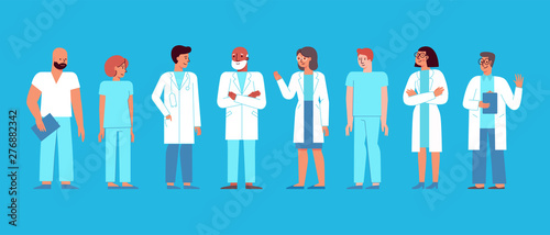 Vector illustration in flat linear style with characters  - medical team - group of doctors and nurses standing together