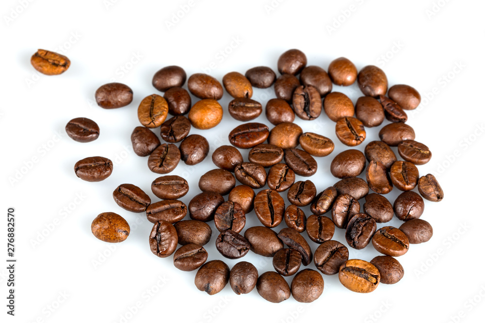 Close-up coffee beans on a white background, shot with a macro lens with a diaphragm of F16 Close-up coffee beans on a white background, shot with a macro lens with a diaphragm of F16