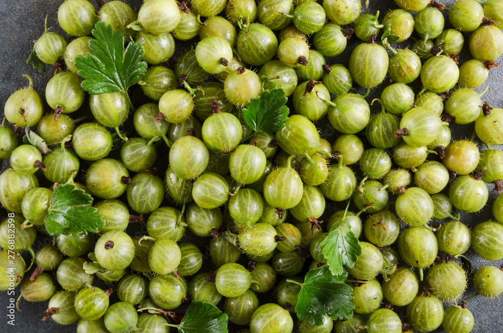 Top view of gooseberries, green leaves as a background Top view of gooseberries, green leaves as a background