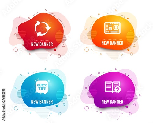 Liquid badges. Set of Motherboard, Quick tips and Recycle icons. Help sign. Computer component, Helpful tricks, Recycling waste. Documentation.  Gradient motherboard icon. Flyer fluid design. Vector