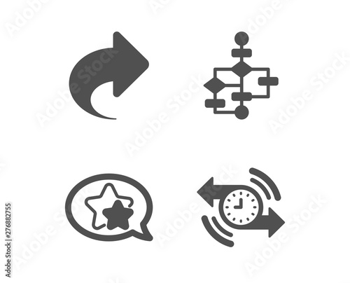 Set of Share, Star and Block diagram icons. Timer sign. Link, Favorite, Algorithm path. Stopwatch.  Classic design share icon. Flat design. Vector
