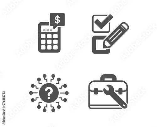 Set of Checkbox, Calculator and Question mark icons. Tool case sign. Survey choice, Money management, Quiz chat. Repair service. Classic design checkbox icon. Flat design. Vector