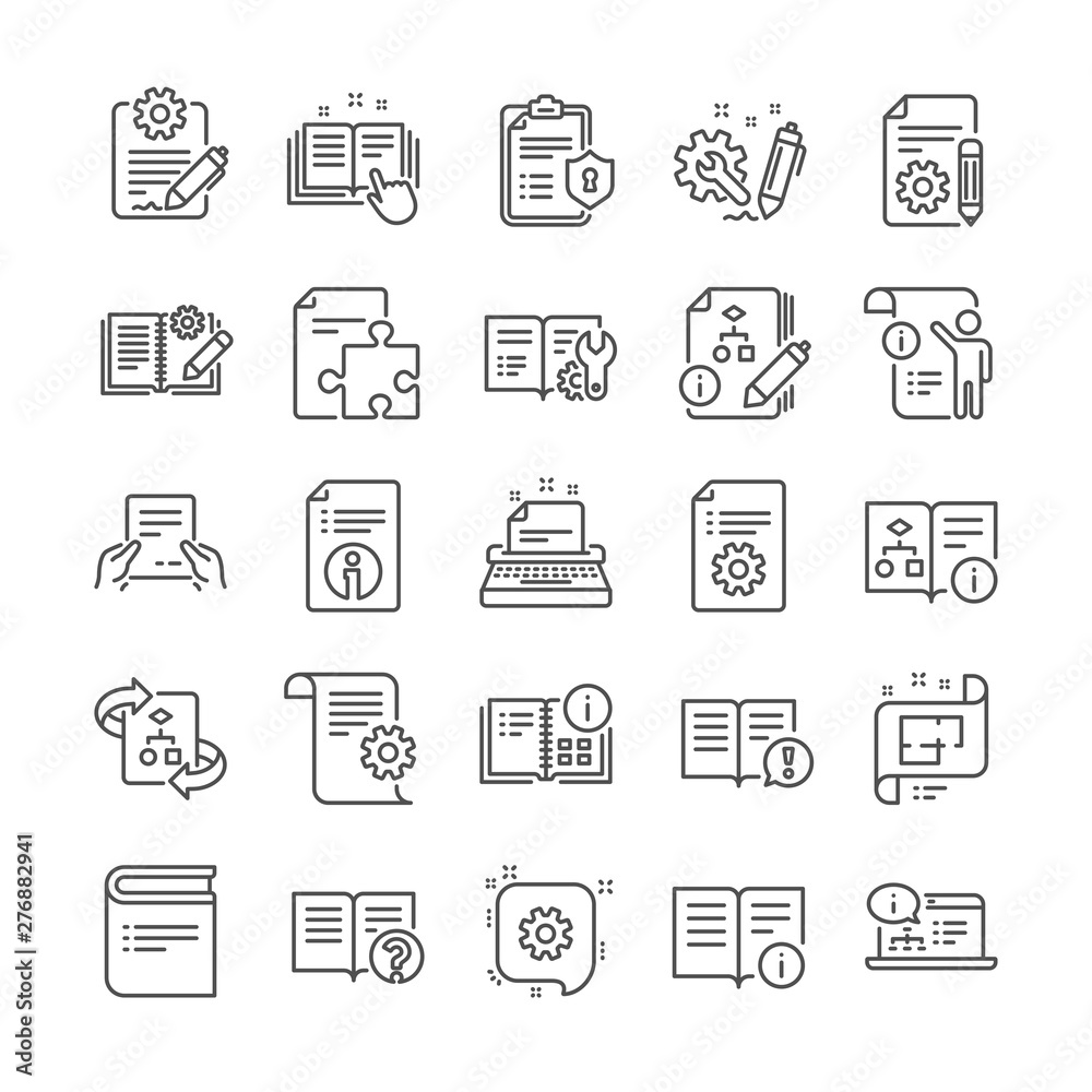 Technical document line icons. Set of Plan, Instruction and Manual icons. Help document, Building plan and Algorithm symbols. Technical blueprint, Engineering instruction, Work tool, building. Vector