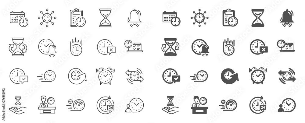 Time line icons. Set of Calendar, Time management timer and Delivery service linear icons. Checklist, Stopwatch timer and hourglass. 24 hours and Presentation, calendar, checklist test. Vector Time line icons. Set of Calendar, Time management timer and Delivery service linear icons. Checklist, Stopwatch timer and hourglass. 24 hours and Presentation, calendar, checklist test. Vector
