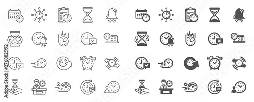Time line icons. Set of Calendar, Time management timer and Delivery service linear icons. Checklist, Stopwatch timer and hourglass. 24 hours and Presentation, calendar, checklist test. Vector