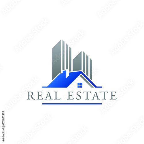 Real Estate Construction Logo design vector Template house and building with blue grey color