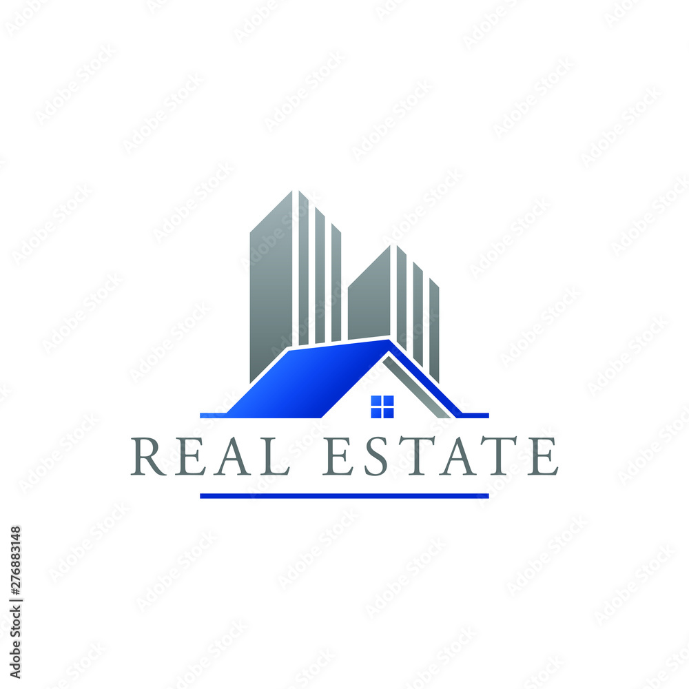 Real Estate Construction Logo design vector Template house and building with blue grey color