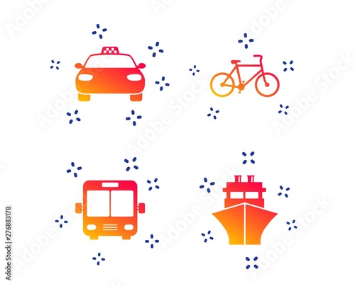 Transport icons. Taxi car  Bicycle  Public bus and Ship signs. Shipping delivery symbol. Family vehicle sign. Random dynamic shapes. Gradient transport icon. Vector