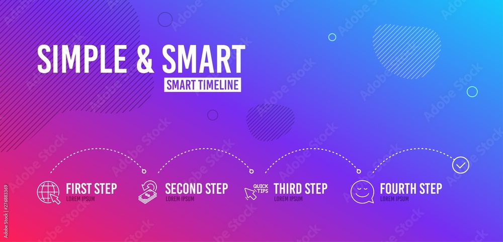 Infographic timeline. Internet, Cashback and Quick tips icons simple set. Smile sign. World web, Financial transfer, Helpful tricks. Chat emotion. Technology set. 4 steps layout. Vector