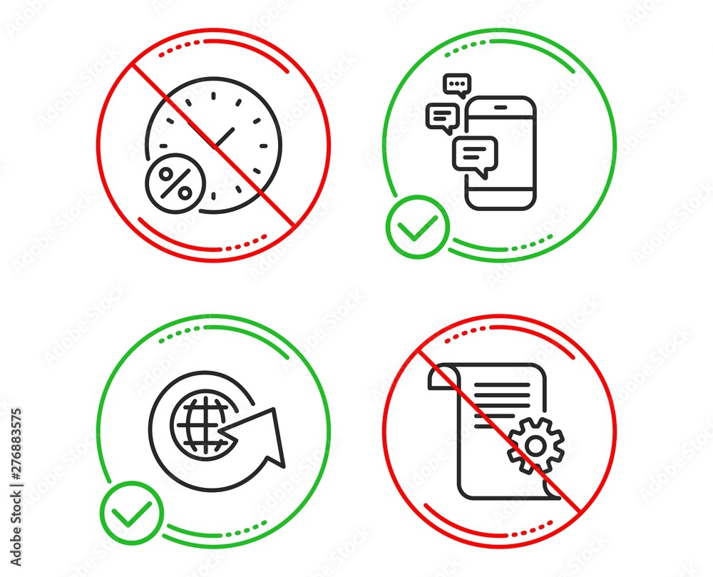 Do or Stop. World globe, Loan percent and Communication icons simple set. Technical documentation sign. Around the world, Discount, Smartphone messages. Manual. Technology set. Vector Do or Stop. World globe, Loan percent and Communication icons simple set. Technical documentation sign. Around the world, Discount, Smartphone messages. Manual. Technology set. Vector