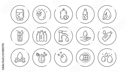 Water drop line icons. Bottle, Antibacterial filter and Tap water. Clean water linear icon set. Line buttons with icon. Editable stroke. Vector