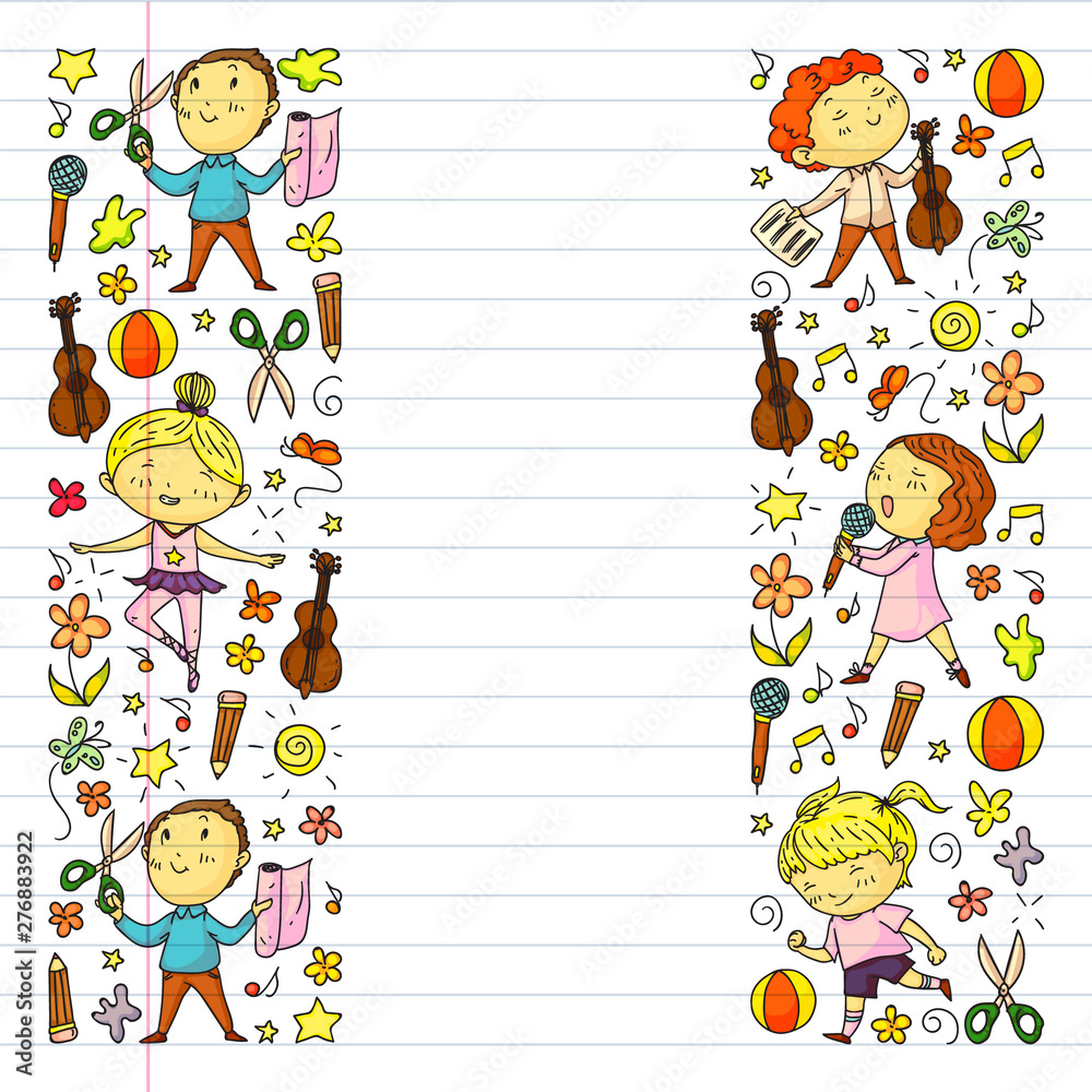 Creative kids dancing, sing, playing football, playing guitar, violin, making models from paper. Drawing on exercise notebook. Creative kids dancing, sing, playing football, playing guitar, violin, making models from paper. Drawing on exercise notebook.