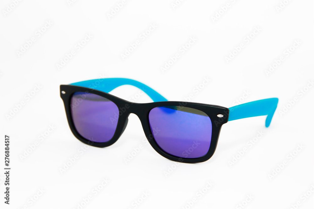 summer sunglasses in blue plastic frame and purple lenses